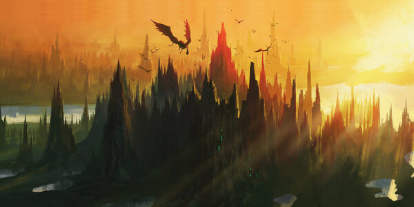 Логово дракона у долины реки, цифровая живопись
.