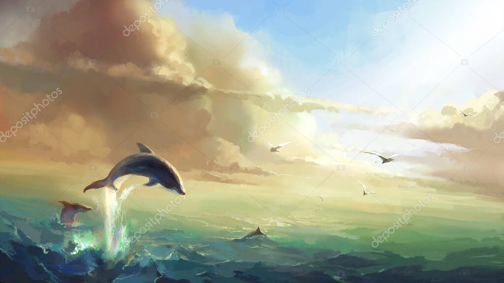 The sea under the sun, jumping dolphins, digital illustration.