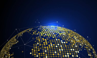 Altın noktalar dünyayı oluşturur, gelişen dünya ekonomisini sembolize eder, vektör illüstrasyonu