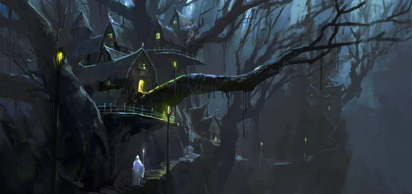 Der Zauberer Wandert Zwischen Den Magischen Baumhäusern Digitale Malerei — Stockfoto