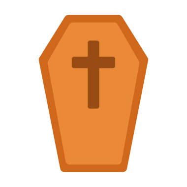 Düz stil tahta tabut çizimi. Kapağında haç var. Çizgi film tarzında dizayn edilmiş. Cadılar Bayramı grafikleri, ürkütücü posterler, gotik sanat, din temalı görseller ve tatil tasarımları için ideal.