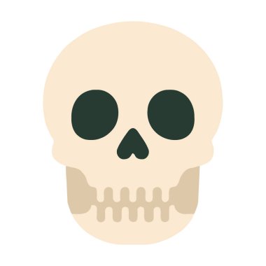 Basit çizgi film tarzında dizayn edilmiş, içi boş gözlü ve dişli bir insan kafatasının düz vektör çizimi. Cadılar Bayramı projeleri için uygun, ürkütücü posterler, tıbbi, eğitici, tatil tasarımları