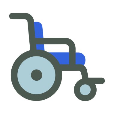 Mavi tıbbi tekerlekli sandalyenin düz çizgi film stili çizimi. Büyük tekerlekleri ve koltukları var. Sağlık projeleri, hastane bilgileri, rehabilitasyon posterleri ve hasta bakımı grafikleri için mükemmel..