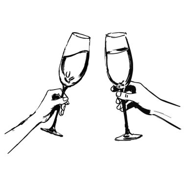 Kutlama temalı sanat ve bar grafikleri için mükemmel, tost jestinde eğilmiş şampanya kadehleri kaldıran iki el..