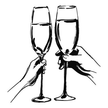Kadeh kaldırırken şampanya bardaklarını tokuşturan iki elin resmi, parti davetiyeleri veya kutlama posterleri için ideal..
