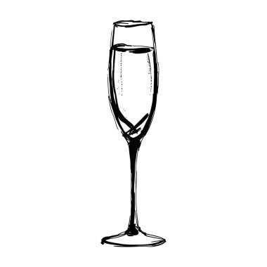 Düz saplı uzun bir şampanya flütünün el çizimi siyah-beyaz tasviri, klas içki dizaynı temaları için ideal..