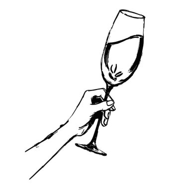 Eğik bir şampanya kadehi tutan tek bir elin minimalist çizimi, bar menüleri için mükemmel..