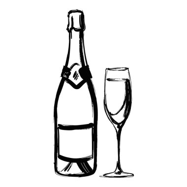 Çizim tarzı dolu bir bardakla eşleştirilmiş resimli şampanya şişesi, kutlama temalı tasarımlar ve menüler için ideal..