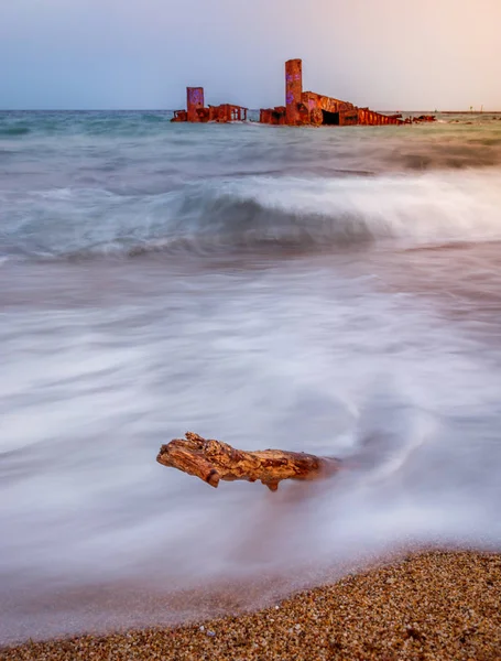 Long Exposure Shot Shipwreck Epanomi Beach Thessaloniki Greece — Stock Photo, Image
