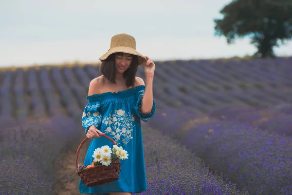 Young beautiful attractive woman in the blooming lavender fields near Plovdiv in Bulgaria. Blooming lavender flowers in Bulgaria.