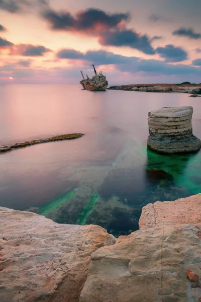 Navio Abandonado Edro Iii Perto Praia Paphos Naufrágio Ilha Chipre — Fotografia de Stock