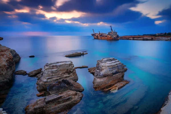 Beautiful Sunset Shot Edro Iii Shipwreck Coral Bay Peyia Paphos — Stock Photo, Image