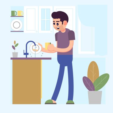 Adam kirli yıkama levha bir lavabo mutfak yemekleri. Vektör