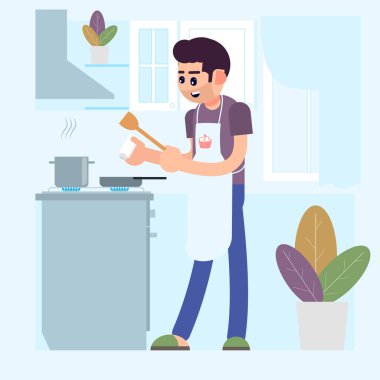 Bir adam evde yemek yapıyor. Tuz yemek. Düz stil. Vektör çizim.