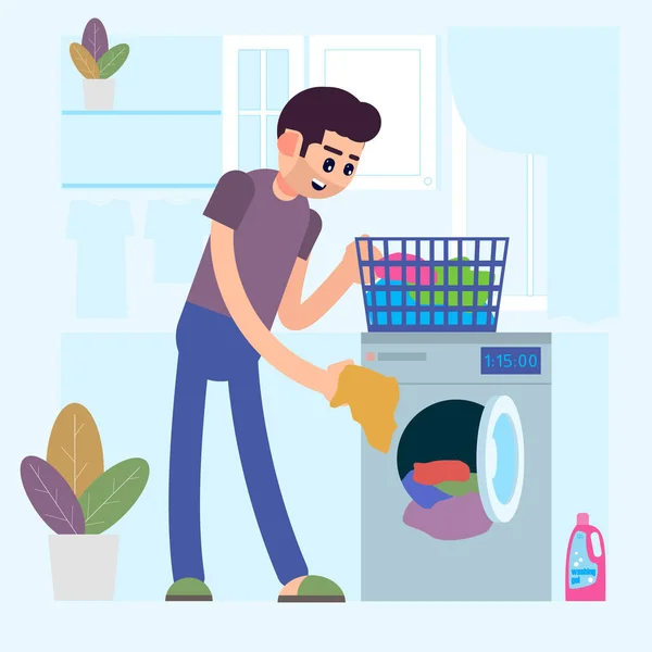 Bir adam giysi yıkama. Kirli çamaşır yıkama makinasıyla yükleniyor. Vektör çizim — Stok Vektör