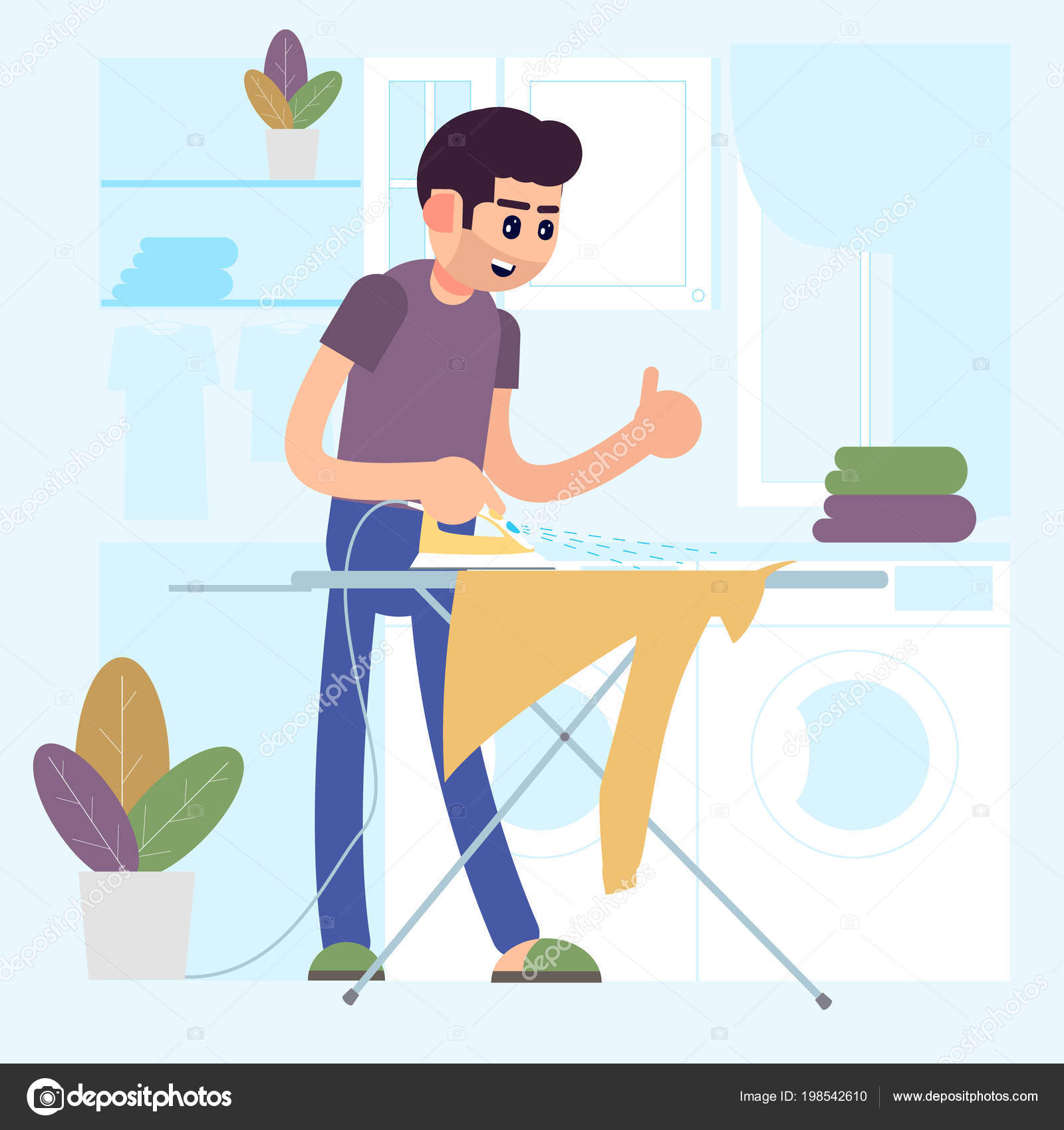 Young Smiling Man Ironing Clothes On Ironing Board House Husband