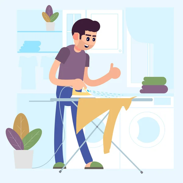 Jeune homme souriant repassage vêtements sur planche à repasser, mari de maison travaillant à la maison. Blanchisserie. Illustration vectorielle . — Image vectorielle