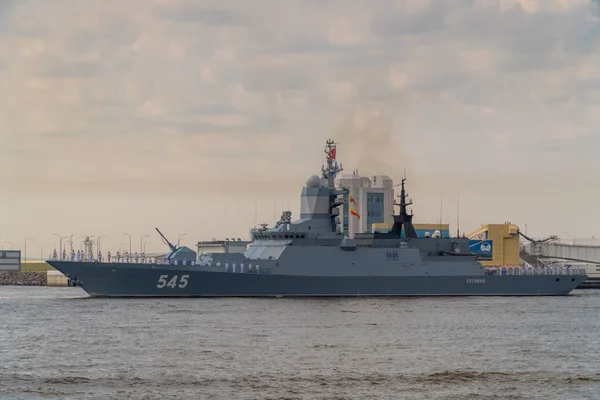 Military Corvette runs along Kronstadt during the celebration of the Day of The Navy. 28 July 2019.