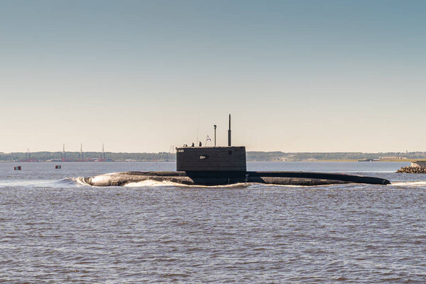 The diesel submarine project 877 Black hole passes near Kronstadt during the rehearsal of the naval parade. July 17, 2020.