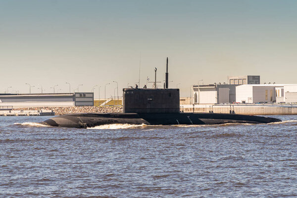 The diesel submarine project 877 Black hole passes near Kronstadt during the rehearsal of the naval parade. July 17, 2020.