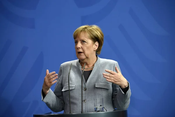 Berlim Alemanha Conferência Imprensa Com Chanceler Alemã Angela Merkel Chancelaria — Fotografia de Stock