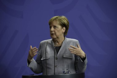 Berlin, Almanya - Almanya Başbakanı Angela Merkel, Federal Chancellery üzerinde 15 Eylül 2017 featuring medya konferansı stok editoryal Fotoğrafçılık
