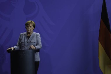 Berlin, Almanya - Almanya Başbakanı Angela Merkel, Federal Chancellery üzerinde 15 Eylül 2017 featuring medya konferansı stok editoryal Fotoğrafçılık