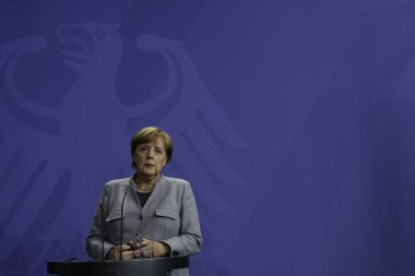 Berlin, Almanya - Almanya Başbakanı Angela Merkel, Federal Chancellery üzerinde 15 Eylül 2017 featuring medya konferansı stok editoryal Fotoğrafçılık