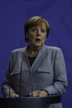 Berlin, Almanya - Almanya Başbakanı Angela Merkel, Federal Chancellery üzerinde 15 Eylül 2017 featuring medya konferansı stok editoryal Fotoğrafçılık