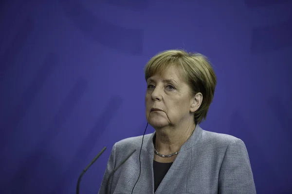 Berlim Alemanha Conferência Imprensa Com Chanceler Alemã Angela Merkel Chancelaria — Fotografia de Stock