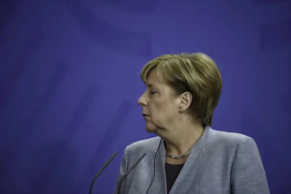 Berlim Alemanha Conferência Imprensa Com Chanceler Alemã Angela Merkel Chancelaria — Fotografia de Stock