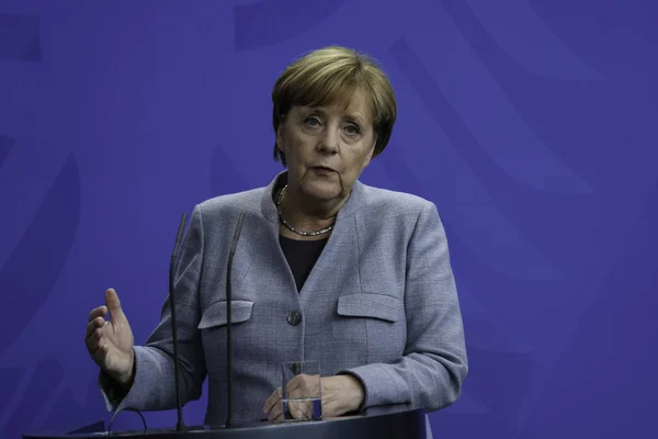 Berlim Alemanha Conferência Imprensa Com Chanceler Alemã Angela Merkel Chancelaria — Fotografia de Stock