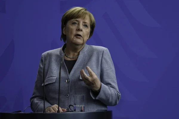 Berlim Alemanha Conferência Imprensa Com Chanceler Alemã Angela Merkel Chancelaria — Fotografia de Stock