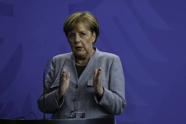 Berlim Alemanha Conferência Imprensa Com Chanceler Alemã Angela Merkel Chancelaria — Fotografia de Stock