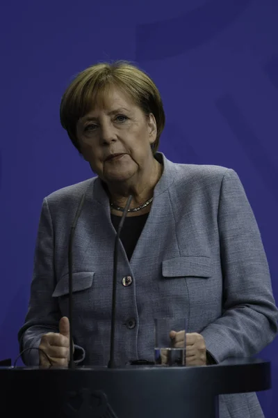 Berlim Alemanha Conferência Imprensa Com Chanceler Alemã Angela Merkel Chancelaria — Fotografia de Stock