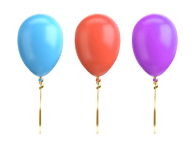 Beyaz arka planda mavi, kırmızı, mor balon vektör çizimi. Doğum günü partisi için parlak gerçekçi balon.