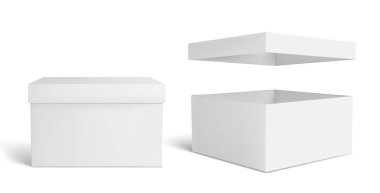 Beyaz kutu modeli. Boş ambalaj kutusu, paket mockup 3d vektör illüstrasyonu