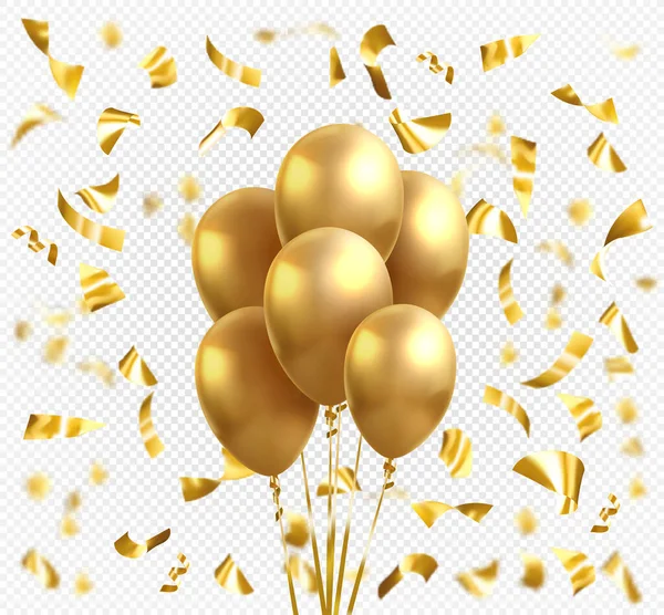 Guldballonger Och Guldstjärna Konfetti Vektor Glänsande Realistisk Guld Glänsande Baloon — Stock vektor