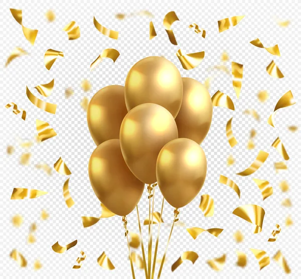 Sarı altın balonlar ve altın yıldız konfetileri. Tatil kutlaması tebrik kartı için şeffaf arka planda parlak, parlak, altın renkli bir balon.