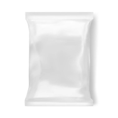 Boş ya da beyaz plastik poşet aperatif ambalajı beyaza izole edilmiş. Vektör illüstrasyonu