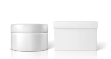 Beyaz arka planda izole edilmiş ambalaj kutusunun maketi olan kozmetik kavanozu. Vektör illüstrasyonu