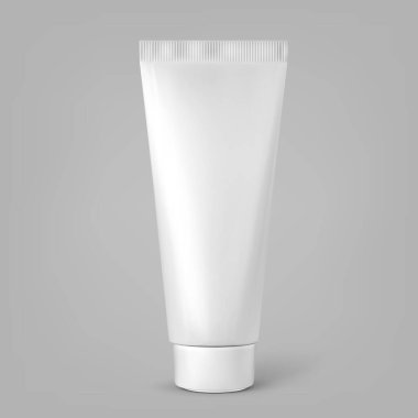 Gri arkaplanda boş beyaz kozmetik tüp var. Vektör illüstrasyonu