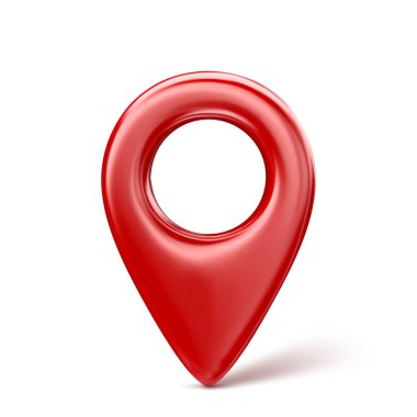 Kırmızı gerçekçi 3D harita pin imleci simgesi. Beyaz bir arka planda izole edilmiş. Vektör illüstrasyonu.