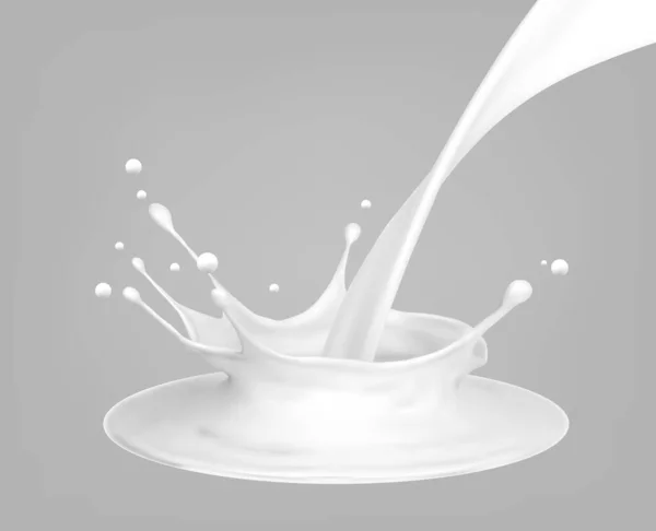 Salpicadura Leche Verter Salpicadura Blanca Sobre Fondo Gris Yogur Bebida — Vector de stock