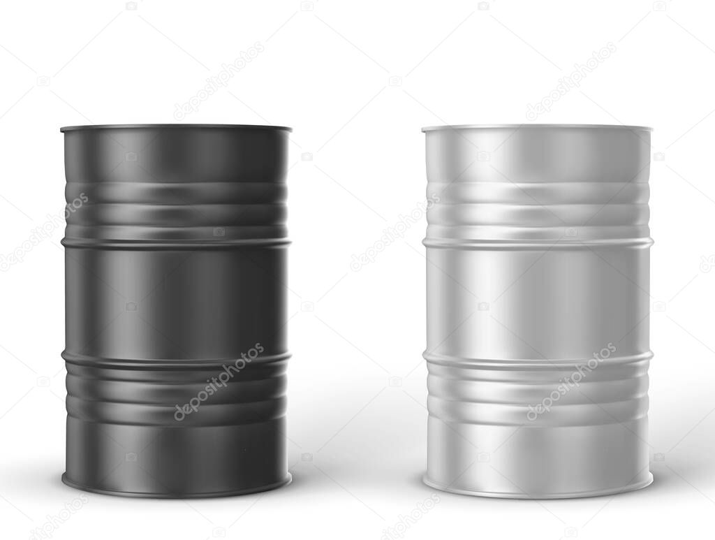 Black, white metal barrels on white background, vector illustration