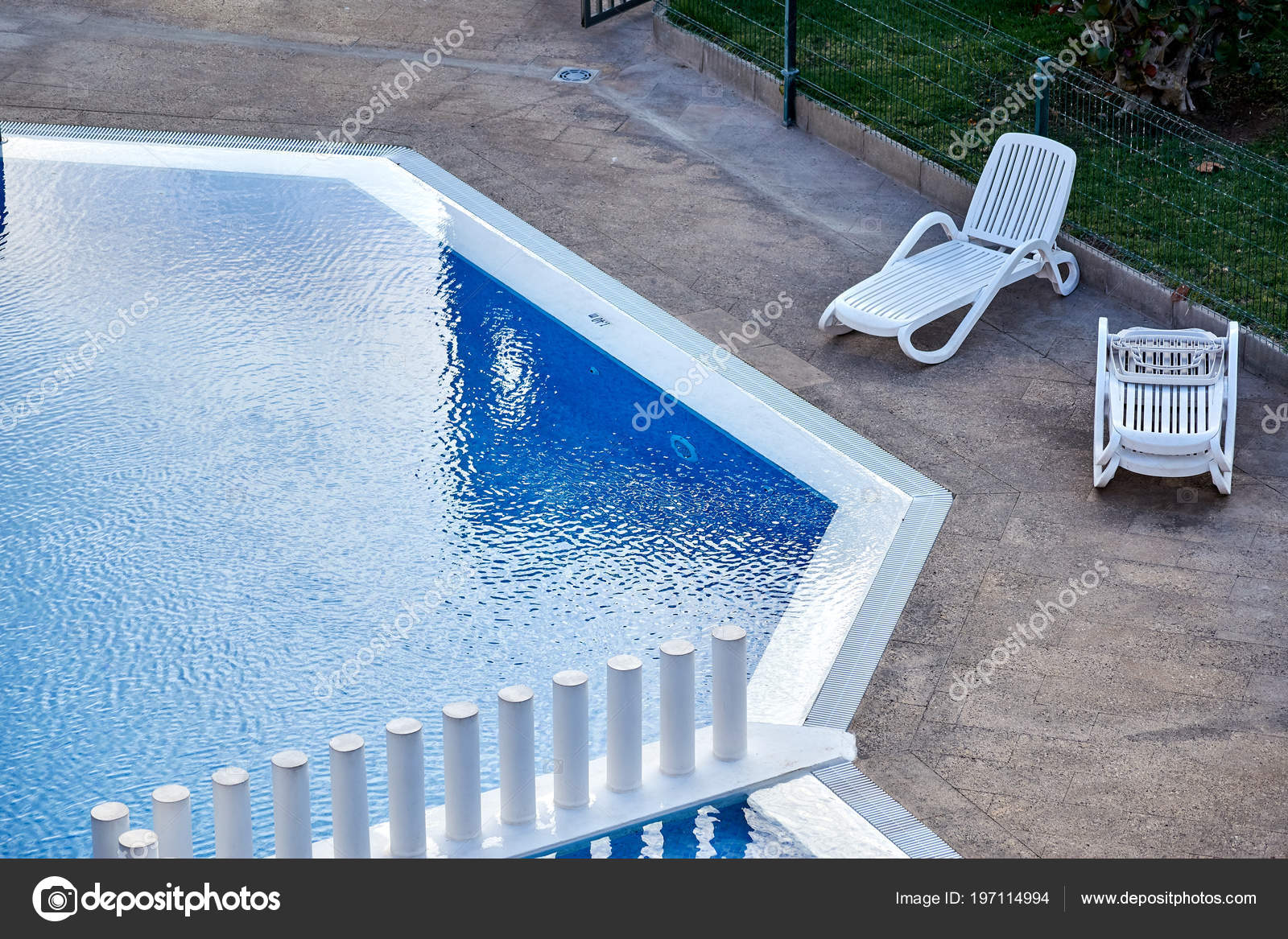 Few Empty Chaise Lounges Stand Luxurious Pool People Rest