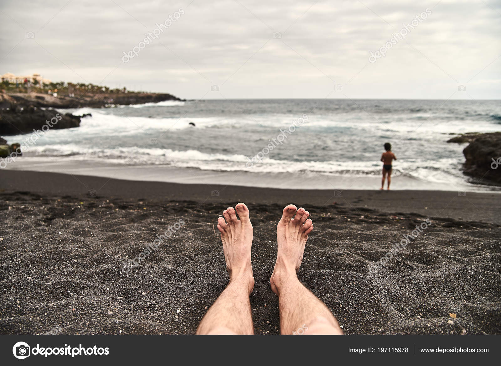 Jambes Hommes Sur Plage Une Unique Plage Sable Volcanique