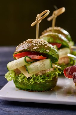 Çok renkli küçük hamburger moda ayarlayın. Bir kare plaka üzerinde farklı dolguları ile sandviç şeklinde çerez. Büfe için a muamele etmek. Vejetaryen ve et Burger.