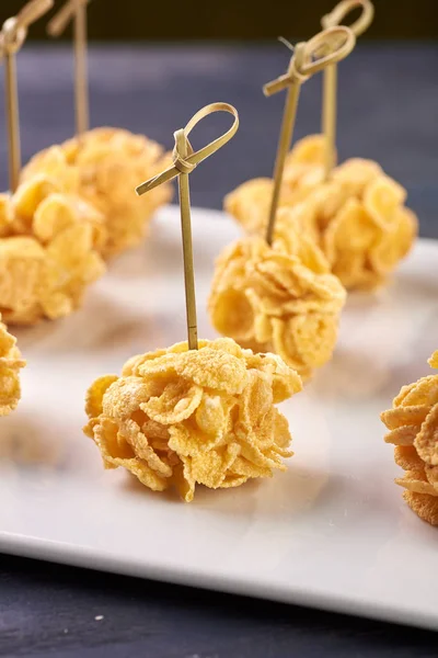 Unusual Snack Breaded Corn Flakes Cheese Ball Breading Decorative Skewer — Stock Photo, Image