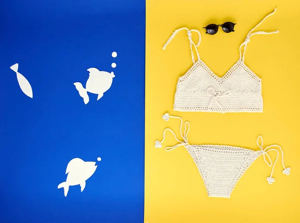 Colagem Verão Com Maiô Fundo Azul Amarelo Dois Tons Fato — Fotografia de Stock